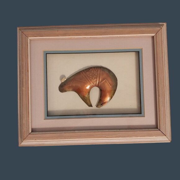 Zuni Inspired Fetish Bear Copper Brass Metal Sculpture Framed Signed - Picture 1 of 5